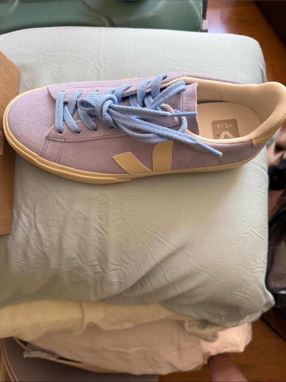 Veja Lavender Suede Sneaker with Light Blue Laces and Cream Accents